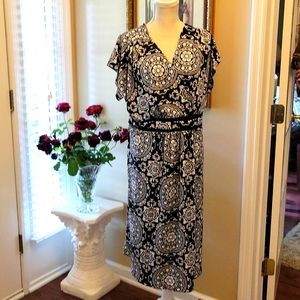 PerSeption black white floral print stretch v neck flutter sleeve dress 3X New …